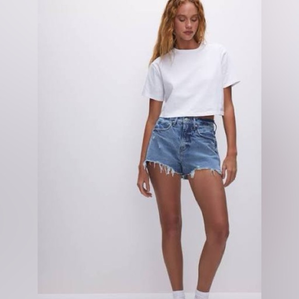 Good American Medium Blue High-Rise Denim Cutoff Shorts